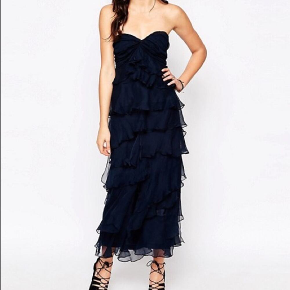 Candela NYC Monica Womens 100% Silk Crepe Tiered Midi Dress in Navy $333 Size XS